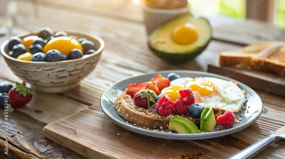 Food for health lovers, fried eggs, berries, avocados Food for health lovers, fried eggs, berries, avocados