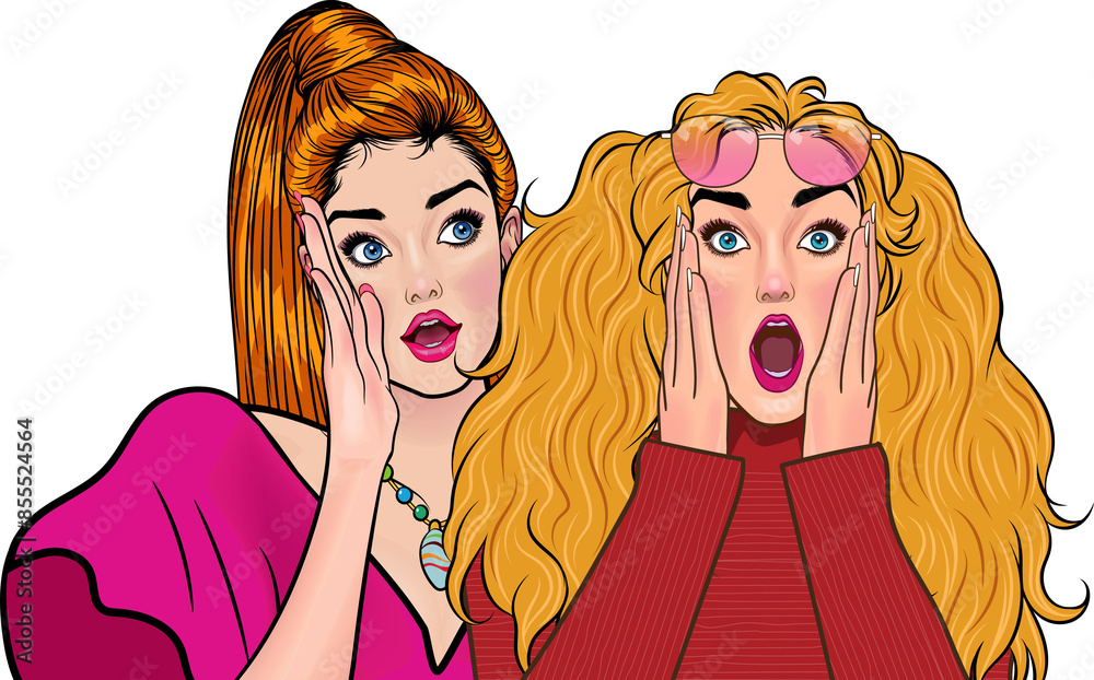 Woman whispering gossip or secret to her friend pop art comics style