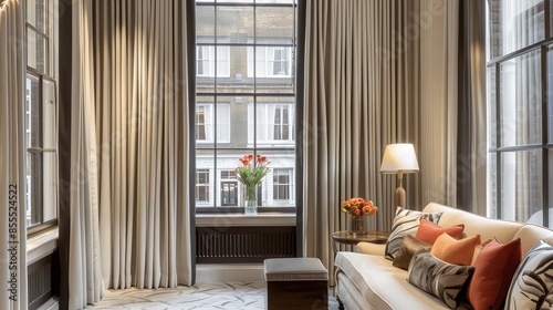 A boutique hotel suite where the windows are adorned with 90x90