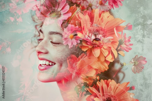 Woman's Joyful Portrait with Floral Overlay, Blooming Laughter