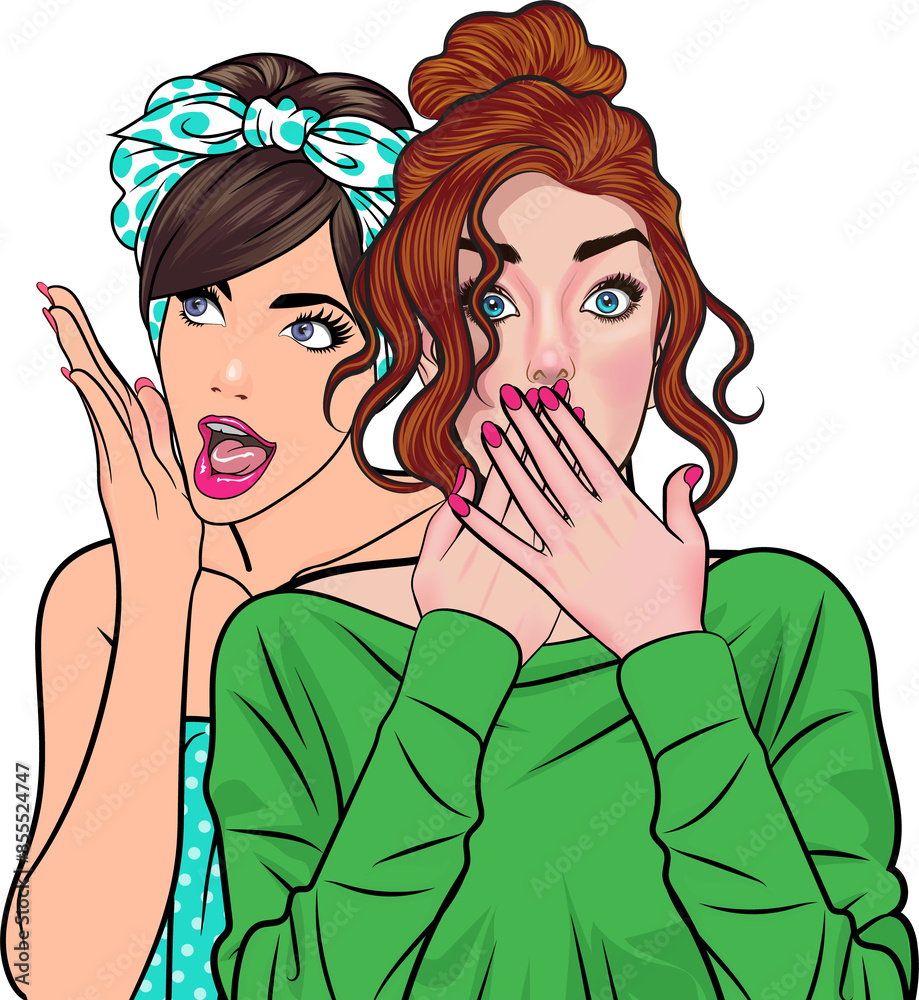 Woman whispering gossip or secret to her friend pop art comics style Woman whispering gossip or secret to her friend pop art comics style