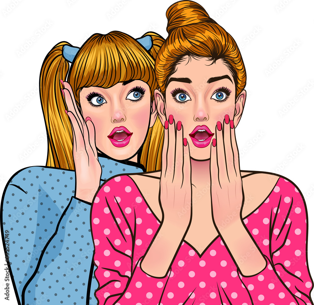 Woman whispering gossip or secret to her friend pop art comics style Woman whispering gossip or secret to her friend pop art comics style