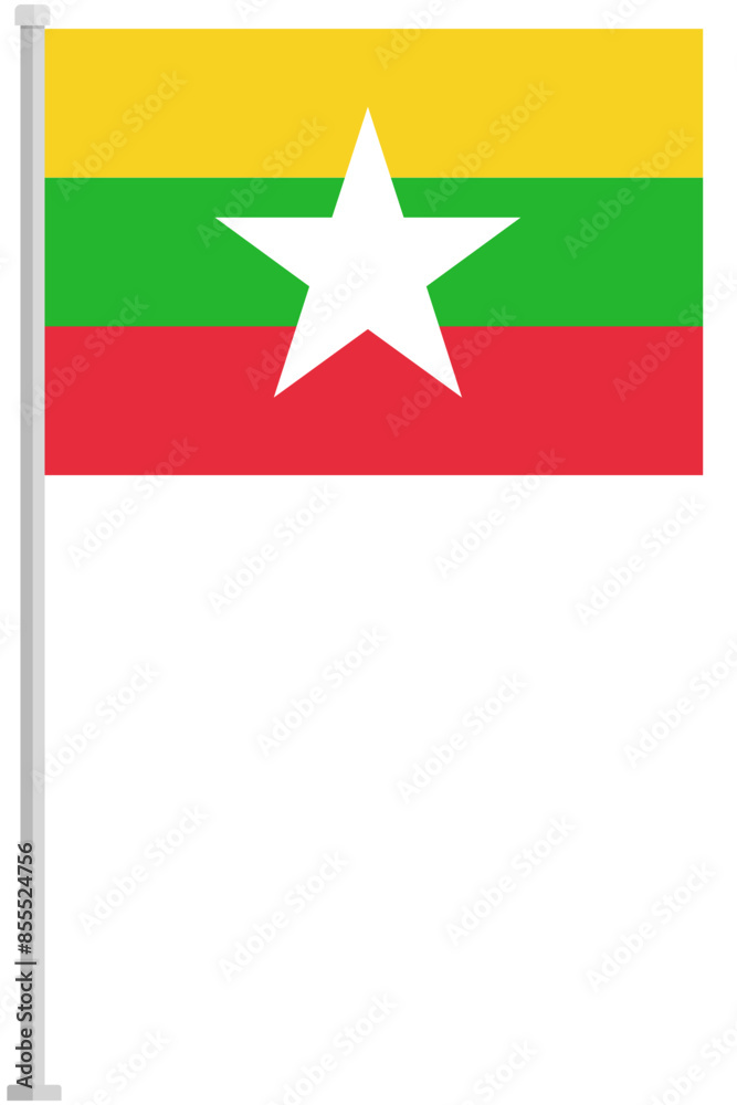 Flag of Burma with silver pole flat icon isolated on white background. Flag of Burma with silver pole flat icon isolated on white background.