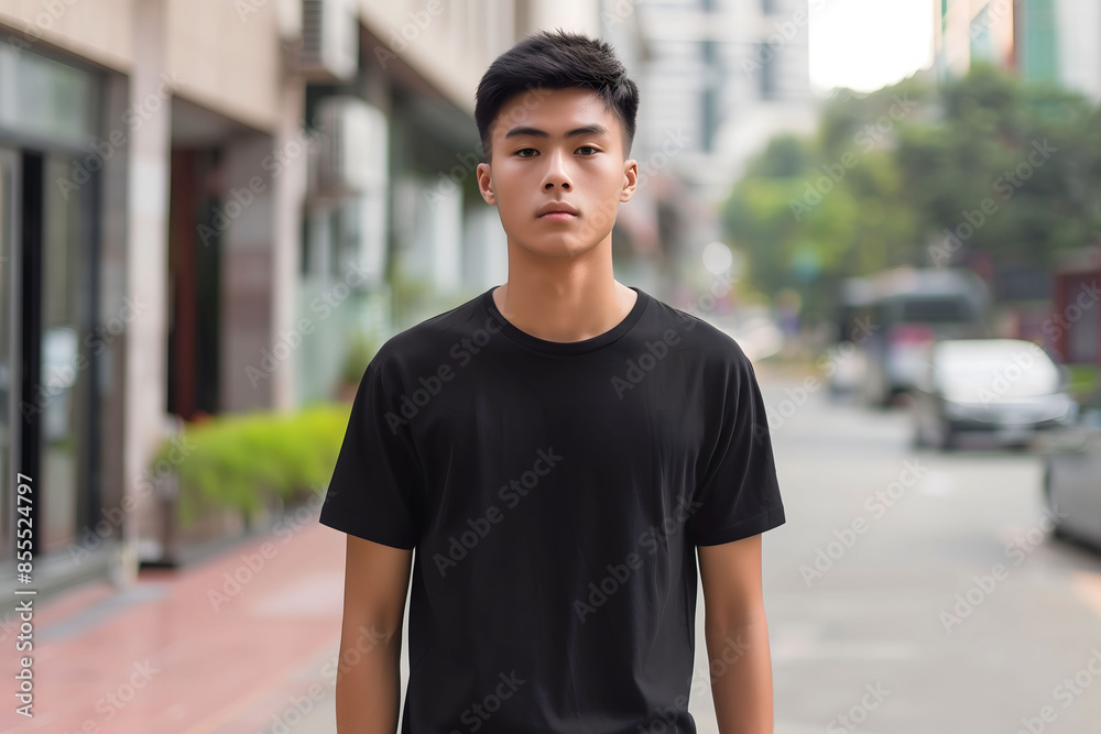 Male model in black t-shirt walking on street in daylight. Casual mockup design. Male model in black t-shirt walking on street in daylight. Casual mockup design.