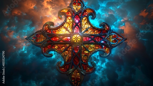 Wallpaper Mural A detailed image of stained glass cross designs with intricate details and vibrant colors. The cross features complex patterns and a rich color palette, creating a visually captivating Torontodigital.ca