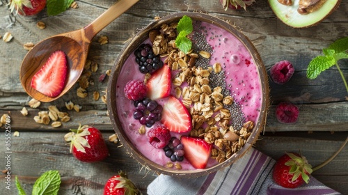 A refreshing summer smoothie bowl with granola, chia seeds