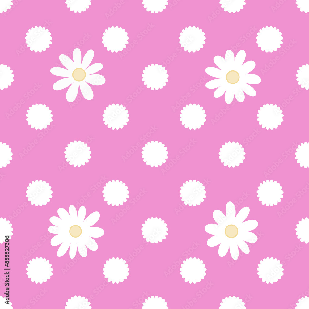 Chamomile and textured dots seamless pattern. Hand drawn white daisies and fluffy circles falling on cheerful pink background. Cute floral allover illustration. Simple dotted flat flowers backdrop Chamomile and textured dots seamless pattern. Hand drawn white daisies and fluffy circles falling on cheerful pink background. Cute floral allover illustration. Simple dotted flat flowers backdrop