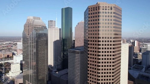 Aerial View of Houston TX USA Downtown Towers and Skyscrapers, Dolly Drone Shot photo