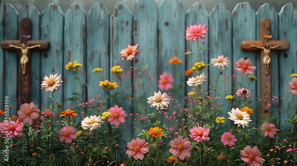 A vibrant design featuring wooden crosses against a backdrop of wildflowers, capturing a rustic, country feel. The weathered wood and bright, colorful blooms create a dynamic and picturesque scene. A vibrant design featuring wooden crosses against a backdrop of wildflowers, capturing a rustic, country feel. The weathered wood and bright, colorful blooms create a dynamic and picturesque scene.