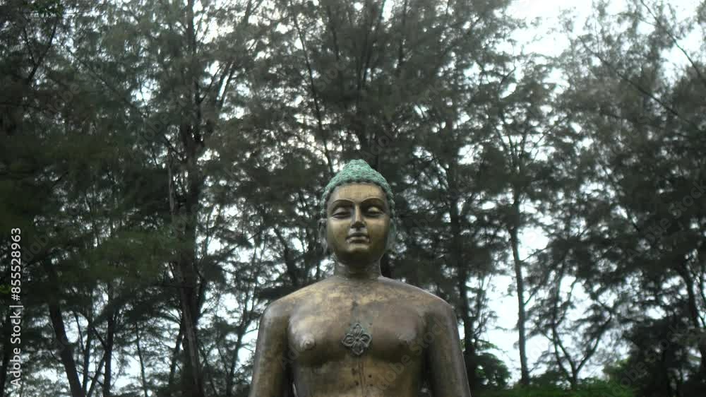 Bronze Buddha statue in a serene forest setting under a cloudy sky Bronze Buddha statue in a serene forest setting under a cloudy sky