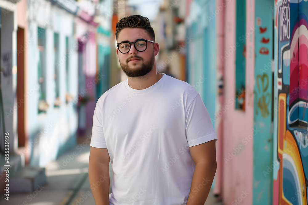 Trendy young man wearing a white t-shirt on a city street in daylight, perfect for design print mockup Trendy young man wearing a white t-shirt on a city street in daylight, perfect for design print mockup