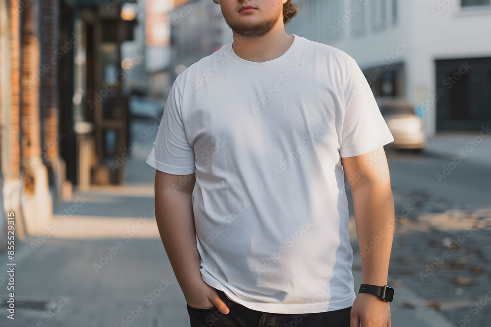 Urban young man in a white t-shirt posing on a city street during the day, showcasing a casual design mockup Urban young man in a white t-shirt posing on a city street during the day, showcasing a casual design mockup