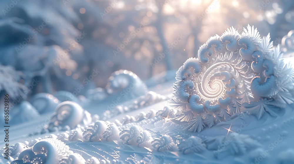 An abstract design featuring frosted glass spirals with a blurred winter landscape in the background. The delicate frosted glass spirals are intricate, with the soft focus of snowy trees An abstract design featuring frosted glass spirals with a blurred winter landscape in the background. The delicate frosted glass spirals are intricate, with the soft focus of snowy trees