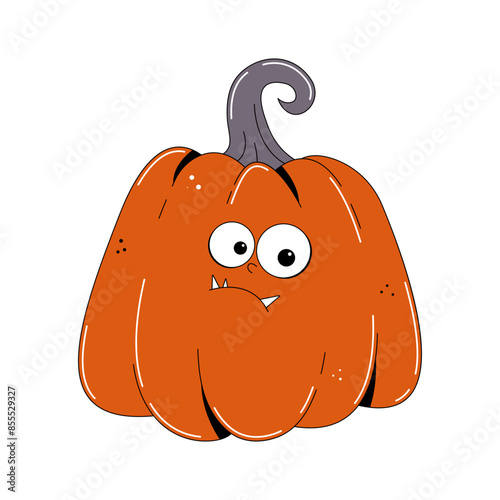 Groovy retro Happy Halloween character. Funky red pumpkin with spooky and skary face in trendy vintage 60s, 70s style. Horror and fear vector illustration on transparent background photo