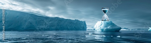 A solitary hourglass perches on an iceberg drifting in the vast, azure ocean. This poignant image captures the essence of time running out for our planet due to global warming, with ample copyspace photo