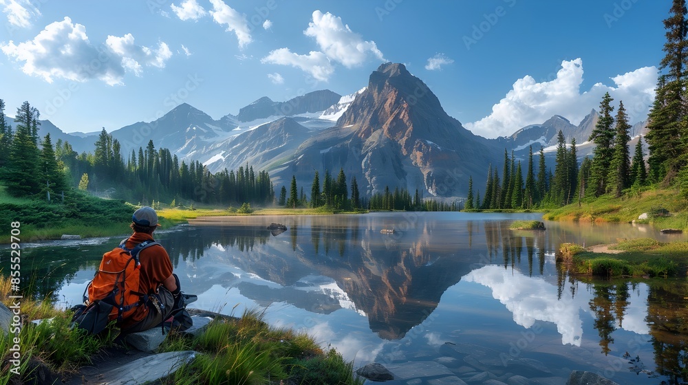 Hiker taking a break by a serene mountain lake with a peaceful reflection of the surrounding peaks and trees
