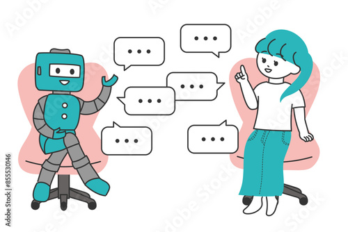 ロボットと会話する若い女性のイラスト