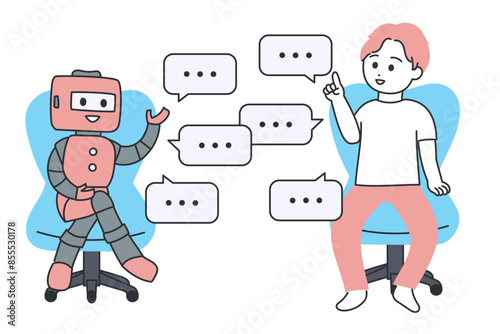 椅子に座ってロボットと会話する若い男性のイラスト