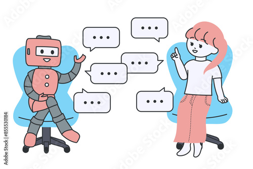 椅子に座ってロボットと会話する若い女性のイラスト