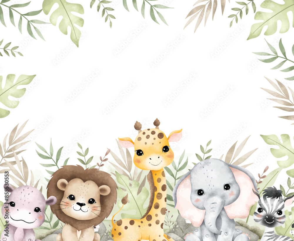 Obraz premium Watercolor Illustration Safari Animals and Tropical Leaves Frame