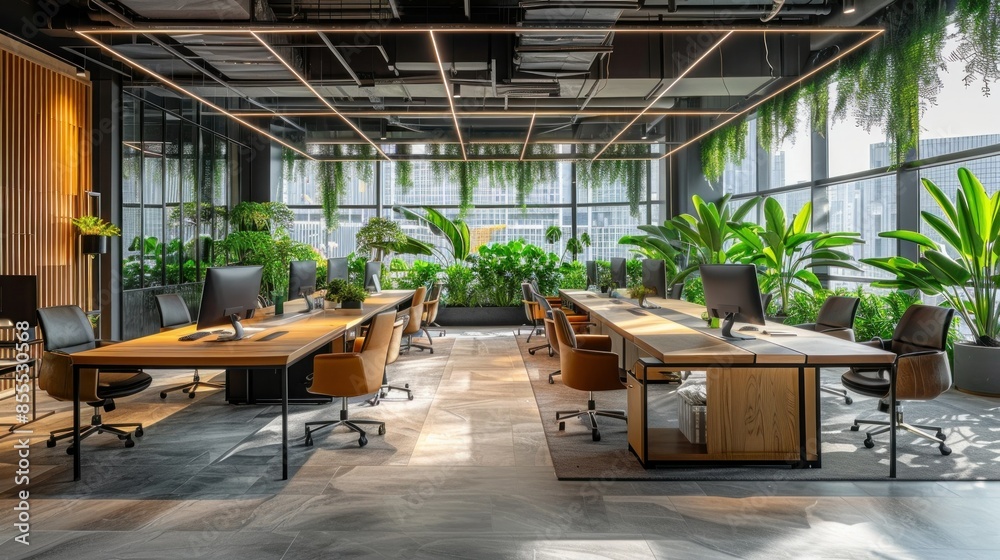 Naklejka premium Modern open-plan office space with sleek desks and ergonomic chairs bathed in natural light from large windows Green plants add a touch of nature while collaborative workstations promote teamwork and
