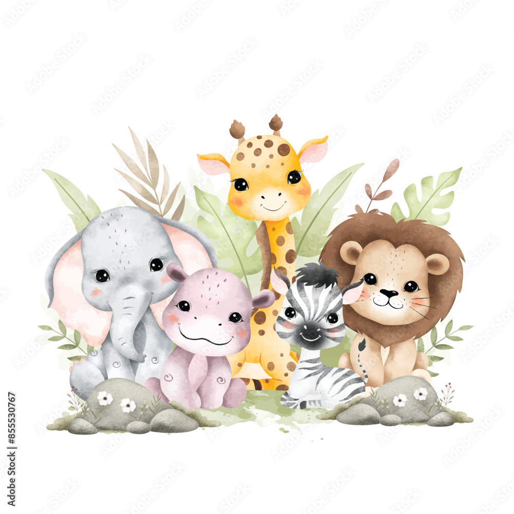 Fototapeta premium Watercolor Illustration Safari Animals and Tropical Leaves