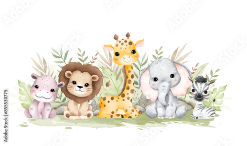 Watercolor Illustration Safari Animals and Tropical Leaves