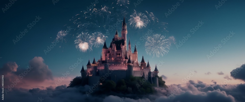 Obraz premium Ethereal Floating castle amongst the clouds ethereal fireworks
