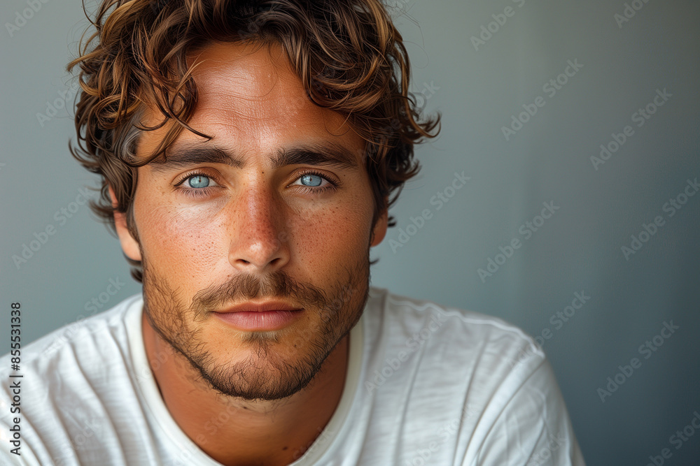 Fototapeta premium 35-Year-Old Male Actor with Blue Eyes, Frontal Composition