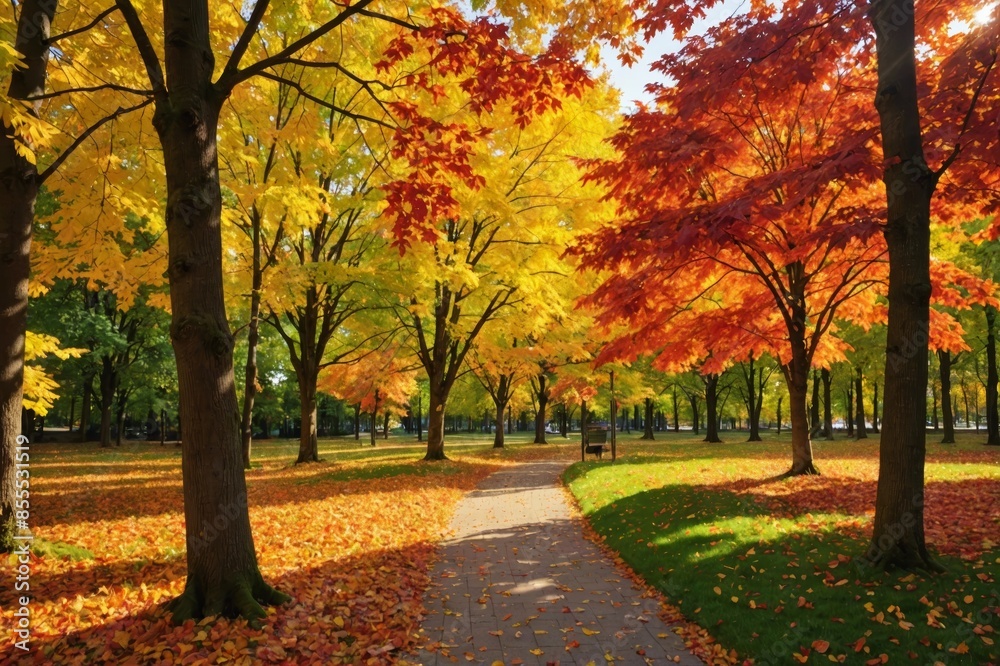 Naklejka premium Beautiful autumn doliage landscape, Maple leaves turn yellow, orange and red.