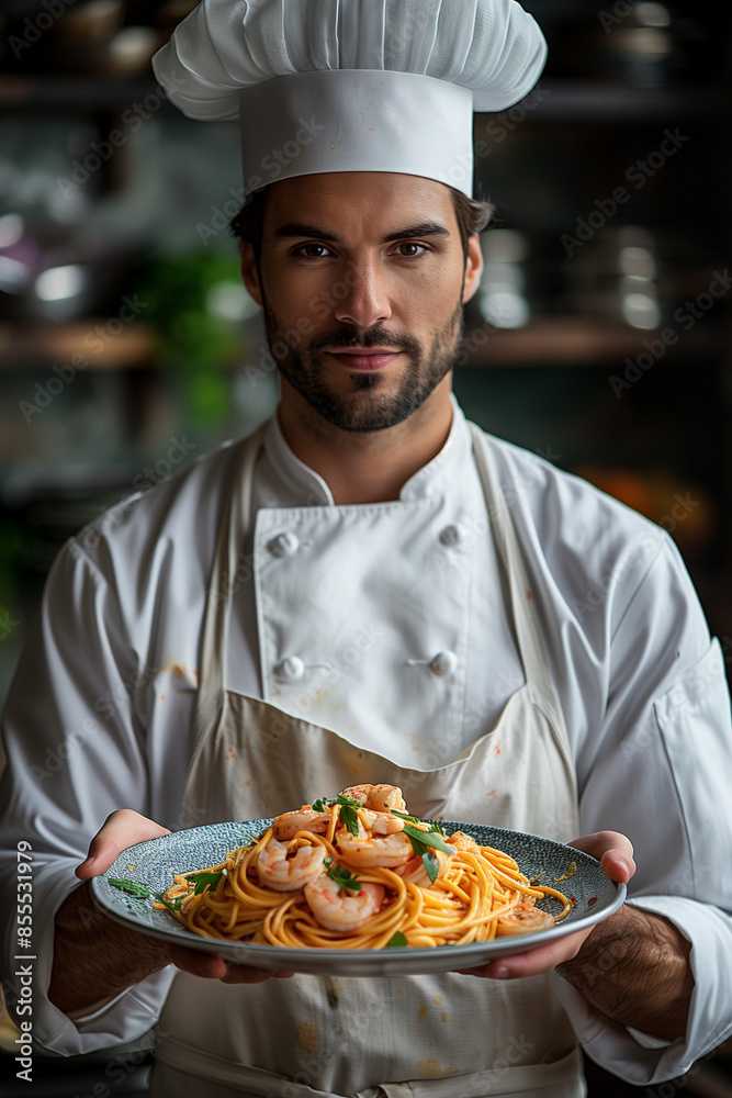 Portrait of a Male Chef Proudly Holding a Plate of Shrimp Carbonara in Classic Chef's Uniform Portrait of a Male Chef Proudly Holding a Plate of Shrimp Carbonara in Classic Chef's Uniform
