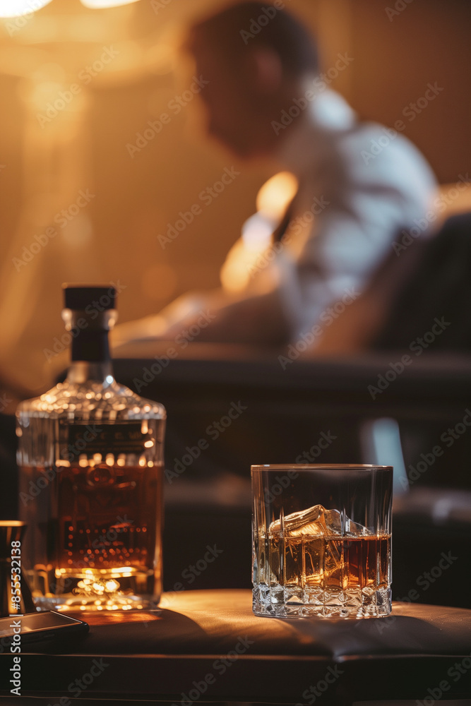 Close-Up of Old Fashioned Whiskey Glass on Table with Figure in Modern Lounge Chair and Blurred Background Close-Up of Old Fashioned Whiskey Glass on Table with Figure in Modern Lounge Chair and Blurred Background