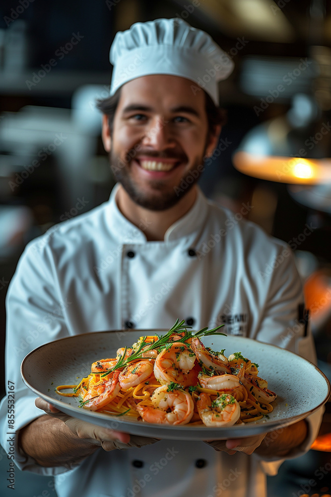 Portrait of a Male Chef Proudly Holding a Plate of Shrimp Carbonara in Classic Chef's Uniform Portrait of a Male Chef Proudly Holding a Plate of Shrimp Carbonara in Classic Chef's Uniform