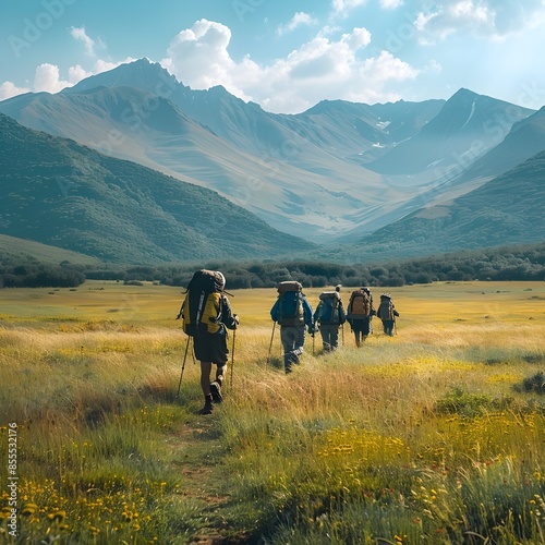 Hikers Following Trail Marker in Open Mountain Landscape