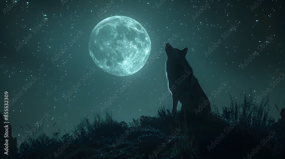 Silhouetted Wolf Howling at the Luminous Full Moon in the Starry Night Sky Silhouetted Wolf Howling at the Luminous Full Moon in the Starry Night Sky