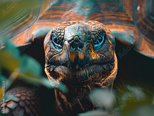 Ancient Galpagos Tortoise in Lush Tropical Vegetation Revealing Wrinkled Face and Timeless Story photo