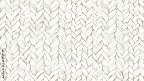 Detailed close-up of white braided knit fabric forming a seamless texture. Ideal for cozy winter-themed designs. photo