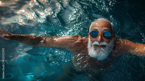 Old man exercising by swimming, healthy concept