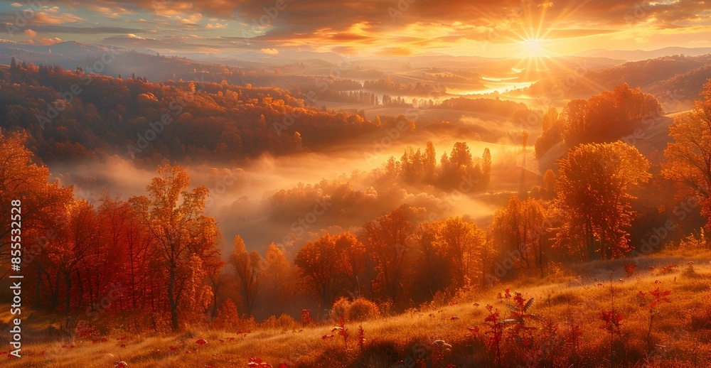 Breathtaking Autumn Sunrise Over Misty Valley with Vibrant Foliage Breathtaking Autumn Sunrise Over Misty Valley with Vibrant Foliage