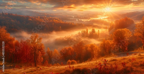 Breathtaking Autumn Sunrise Over Misty Valley with Vibrant Foliage