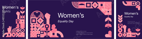 Women's equality day. August. Set of 3 geometric templates dedicated to women's history month. Women's equality day concept. Poster, greeting card, banner and background. Vector illustration