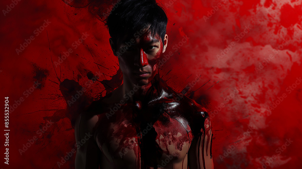 portrait photo full upper body a Asian titan Red ethereal abstraction Halloween concept,the japanese manga. portrait photo full upper body a Asian titan Red ethereal abstraction Halloween concept,the japanese manga.