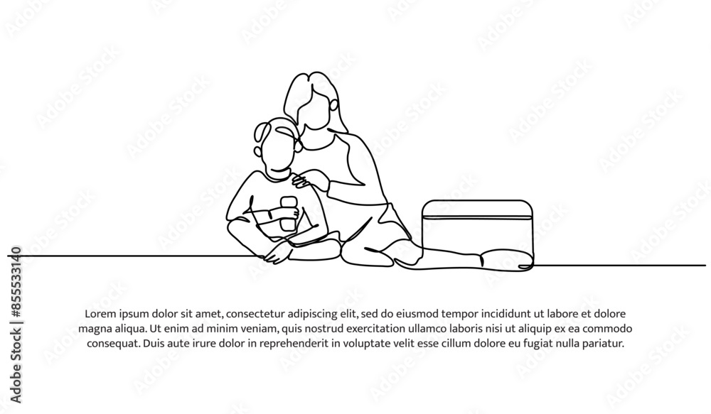 Obraz premium Continuous one line design of picnic with mother.Minimalist style vector illustration on white background.
