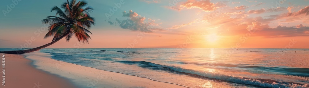 Serene tropical beach at sunset, minimalist poster, palm tree silhouette, Dreamlike Landscape, Bright, Island, Poster Art