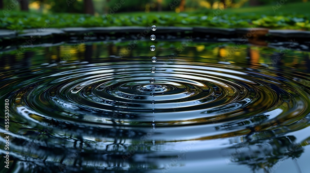 An abstract design of water spirals formed by droplets falling into a still pond. The concentric ripples create a captivating and tranquil effect, with the surrounding reflections enhancing the scene An abstract design of water spirals formed by droplets falling into a still pond. The concentric ripples create a captivating and tranquil effect, with the surrounding reflections enhancing the scene