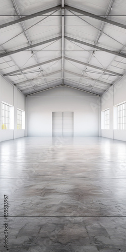 Empty warehouse building interiors in neutral tones with ample copy space. Concept image on commerce, stock, storage and industrial businesses.