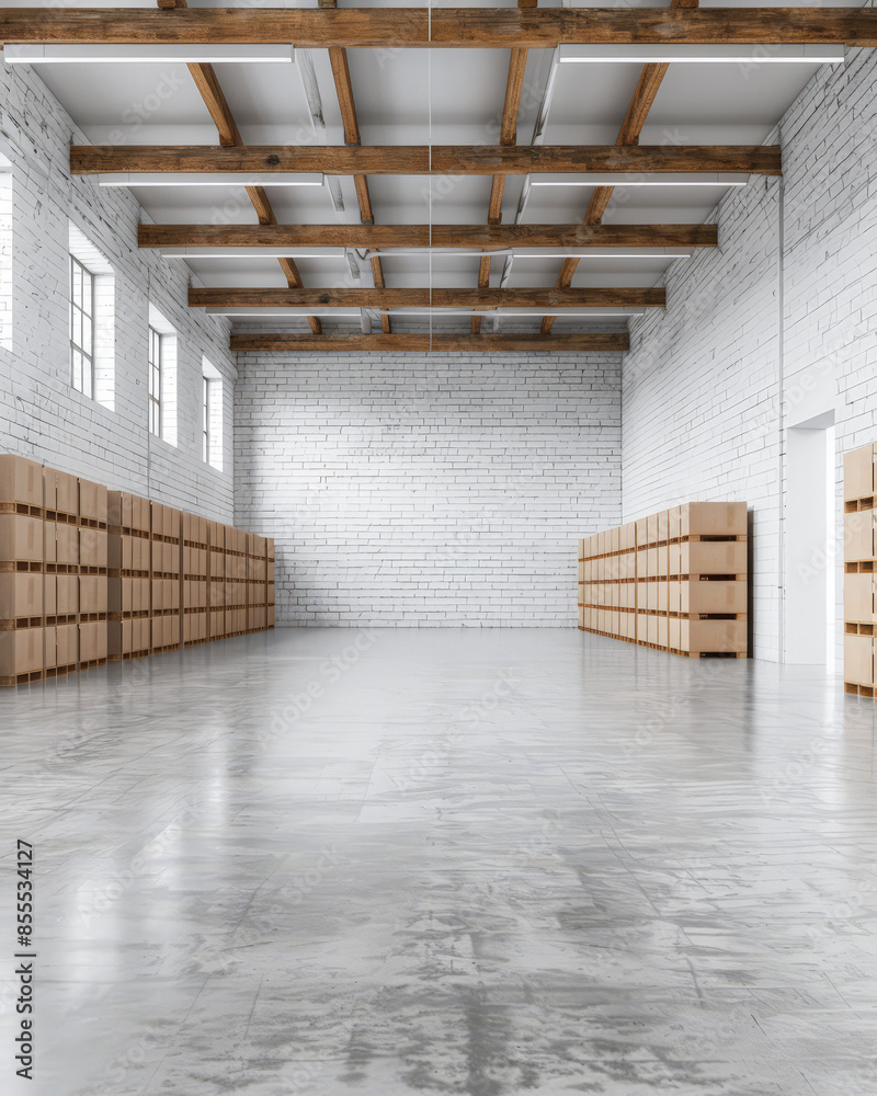 Empty warehouse building interiors in neutral tones with ample copy space. Concept image on commerce, stock, storage and industrial businesses.