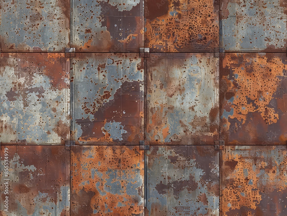Brown metal wall displays rough, rusty grunge surface Brown metal wall displays rough, rusty grunge surface