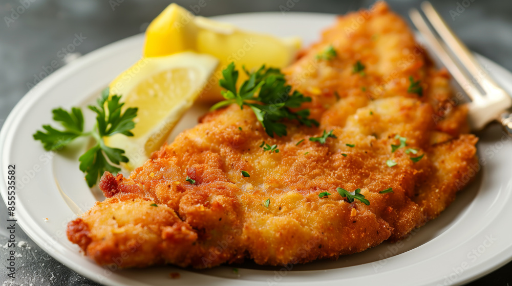 Crispy breaded wiener schnitzel with parsley and lemon Crispy breaded wiener schnitzel with parsley and lemon