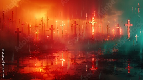 An abstract scene of crosses within a digital glitch art composition  creating a tech-inspired disruptive look. The crosses are surrounded by glitch effects  distorted lines  and vibrant colors